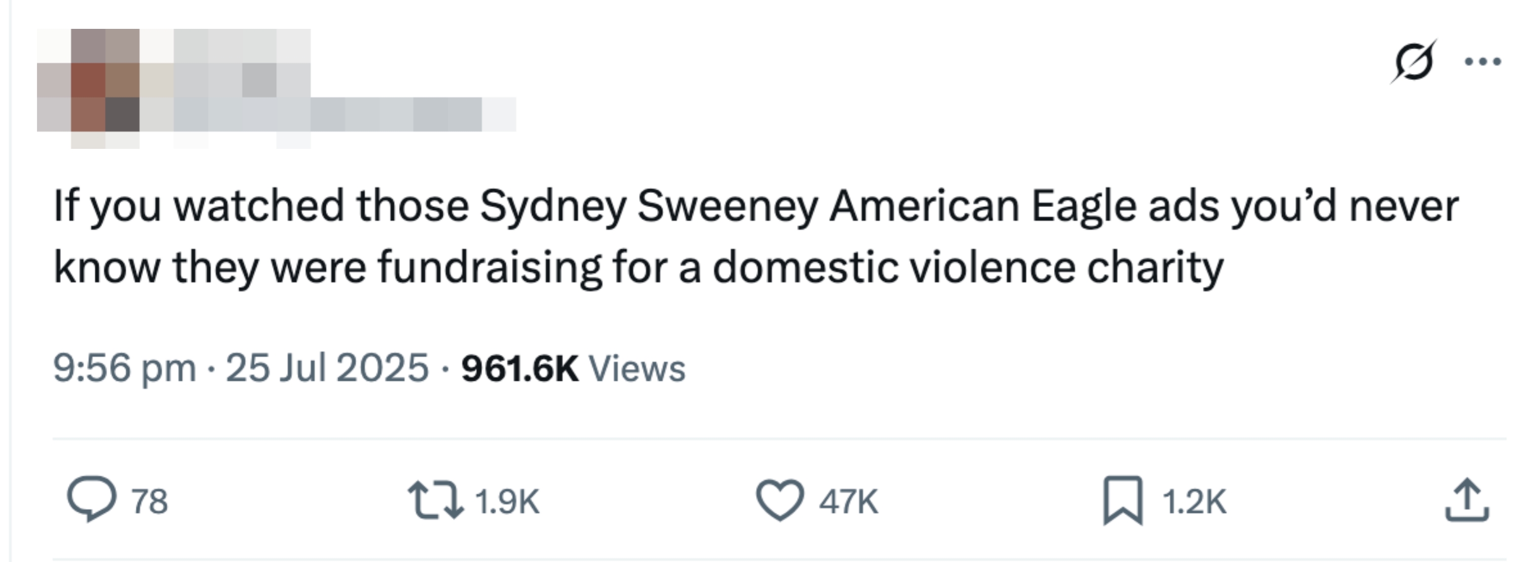 Tweet by @shreyabasu003 mentioning Sydney Sweeney&#x27;s American Eagle ads and their connection to a domestic violence charity fundraiser