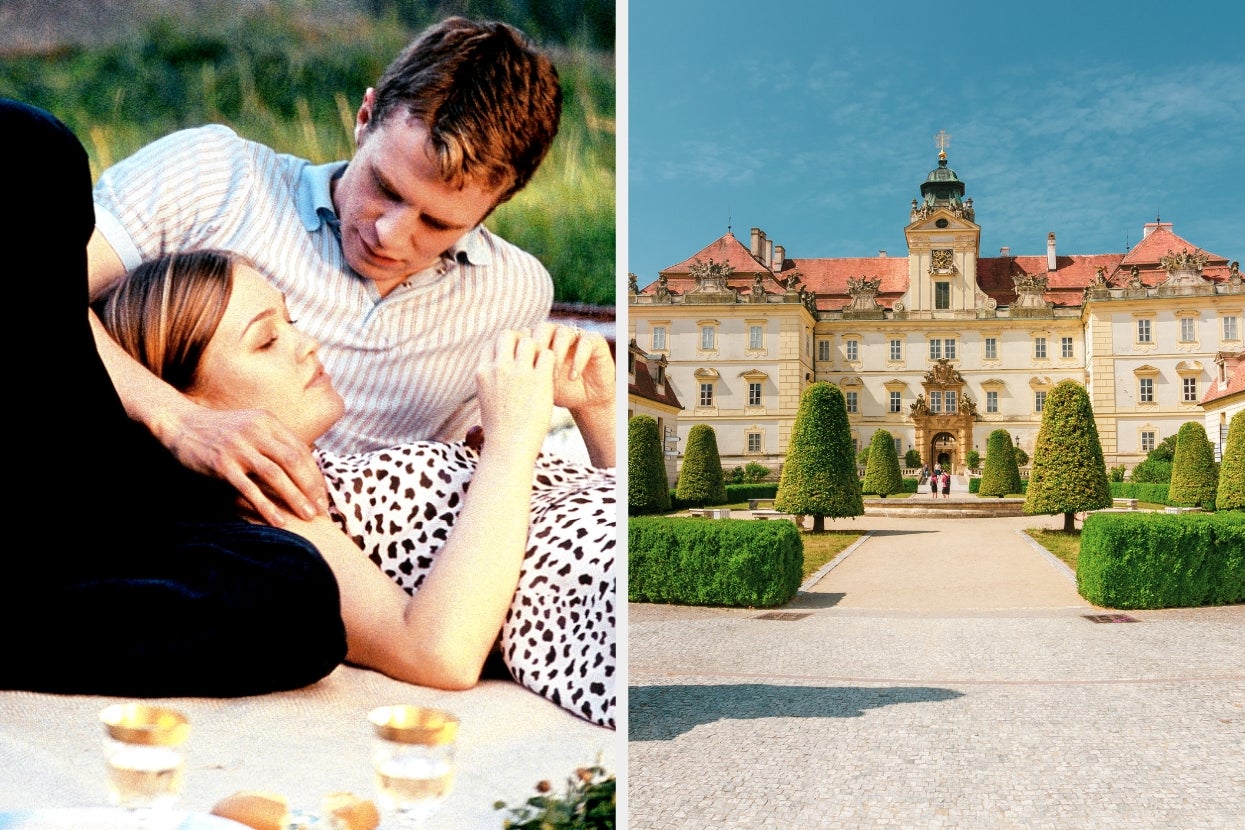 Luke Mably and Julia Stiles in "The Prince and Me" relax on a picnic blanket, beside a photo of a grand historic building with manicured gardens stands in the background