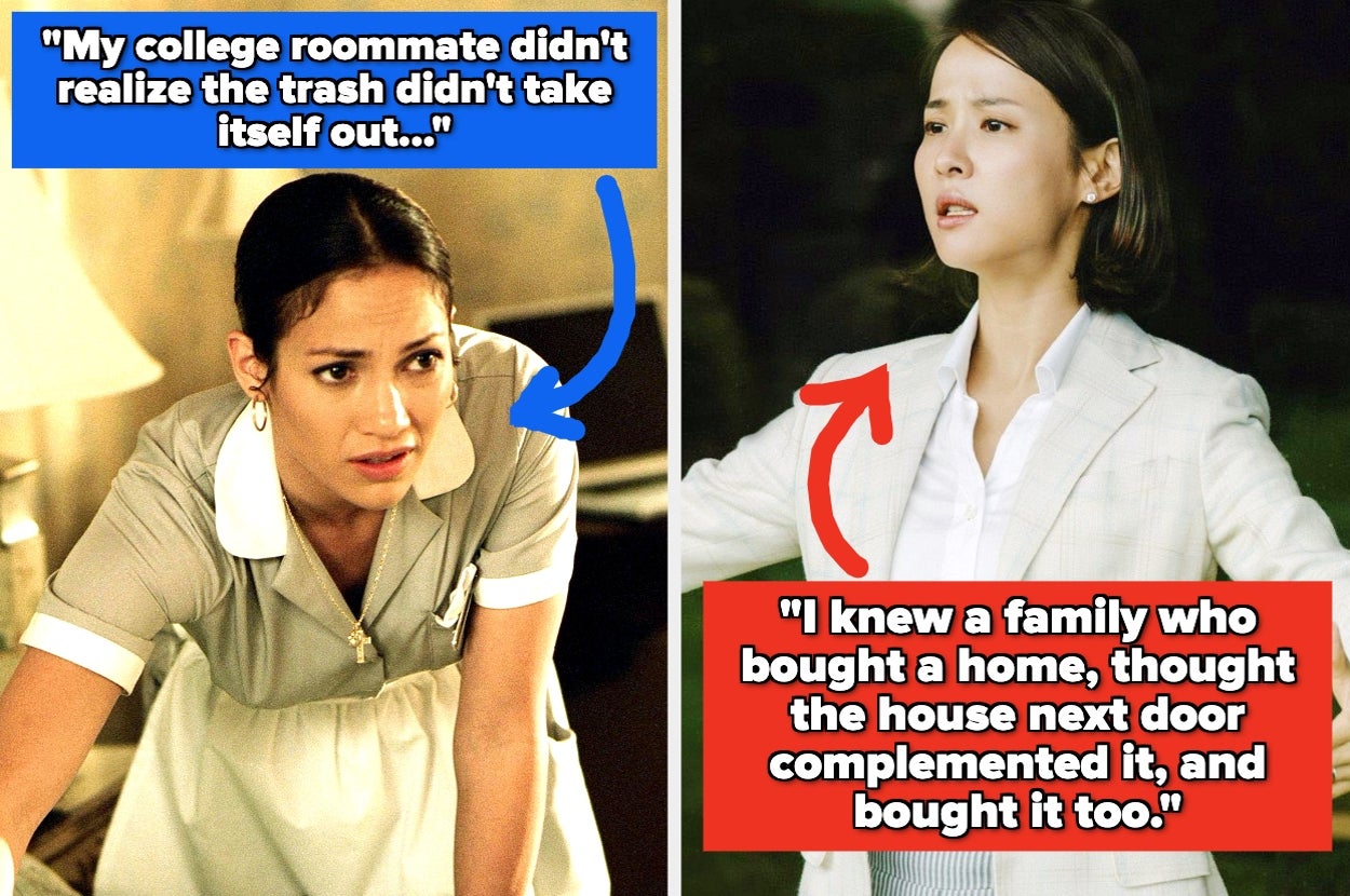 Two images: Left shows a person in a maid outfit with a quote about a college roommate. Right shows a person in a white suit with a quote about buying homes