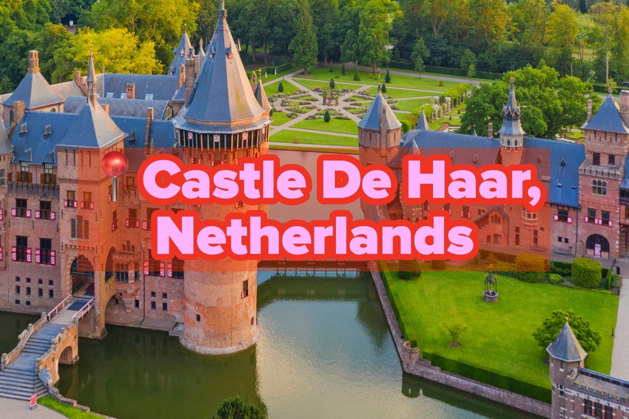 Aerial view of Castle De Haar in the Netherlands surrounded by gardens and a moat. Text overlay says, "Castle De Haar, Netherlands."
