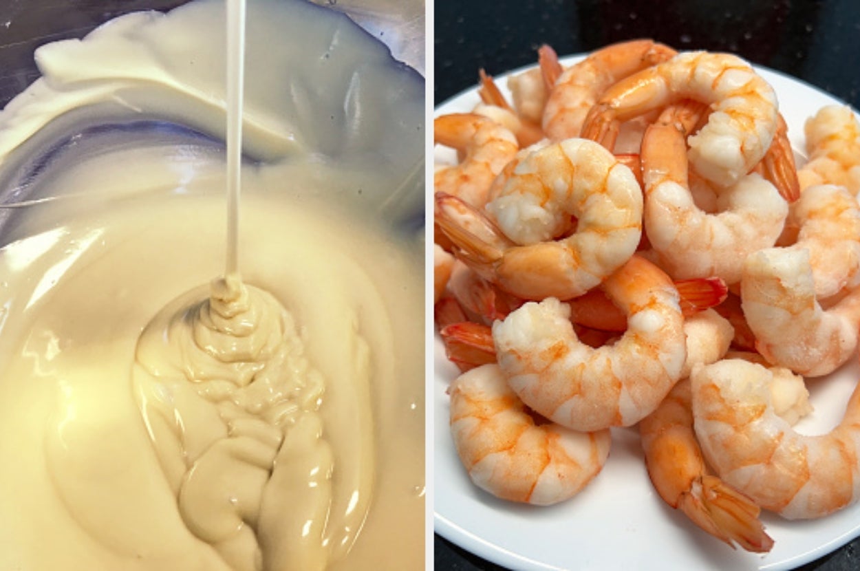 Pouring condensed milk into a bowl; a plate of cooked shrimp beside it