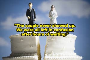 Wedding cake with bride and groom toppers on separate pieces; text overlay reads: "The couple never showed up. We were all left in confusion after hours of waiting"
