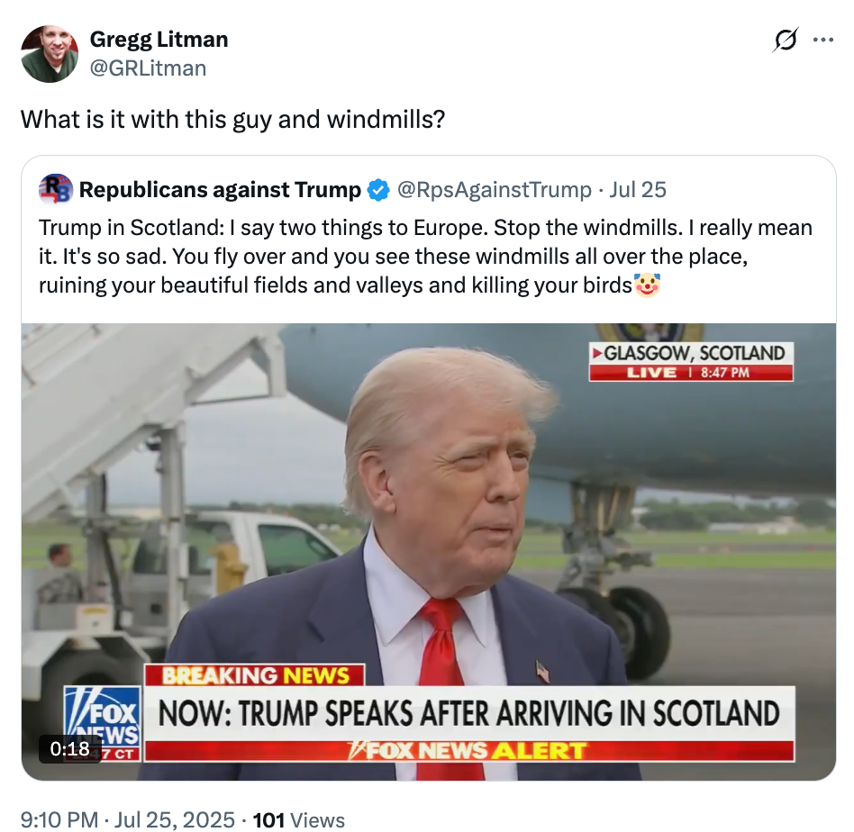 Donald Trump stands near an airplane, speaking in Scotland. A tweet above references his comments about windmills