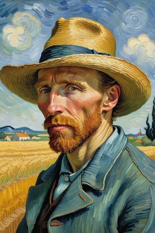 Retrato artístico al aire libre de un hombre con sombrero de paja, barba y mirada seria, sobre un fondo de campo de trigo y cielo con nubes