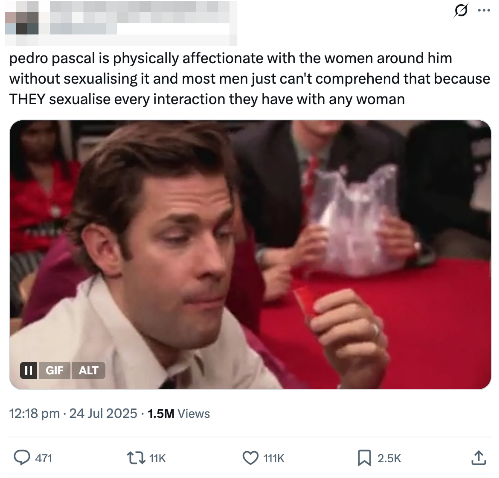 Person gesturing with hand near face. Tweet text discusses Pedro Pascal&#x27;s non-sexual affection towards women, contrasting men&#x27;s general perceptions