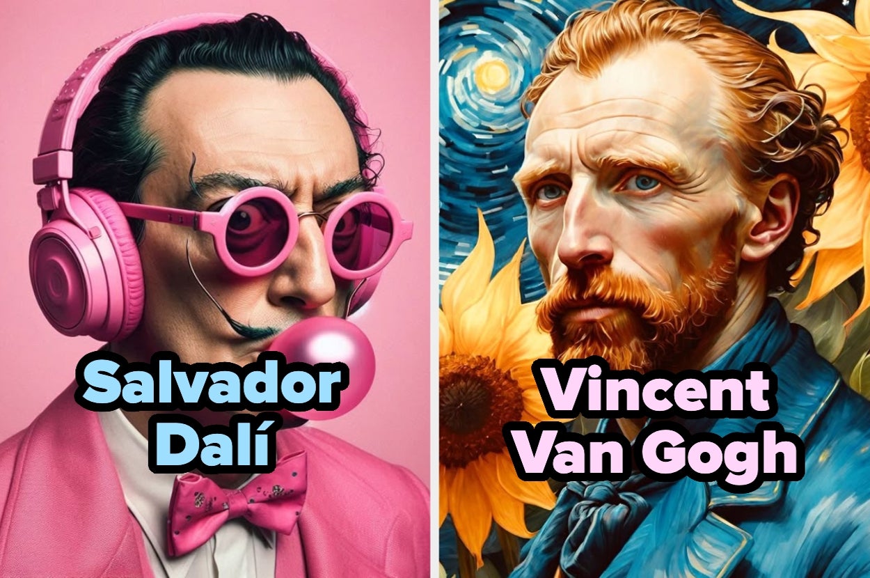 Retratos estilizados de Salvador Dalí con auriculares y lentes de sol, y Vincent van Gogh con fondo de girasoles