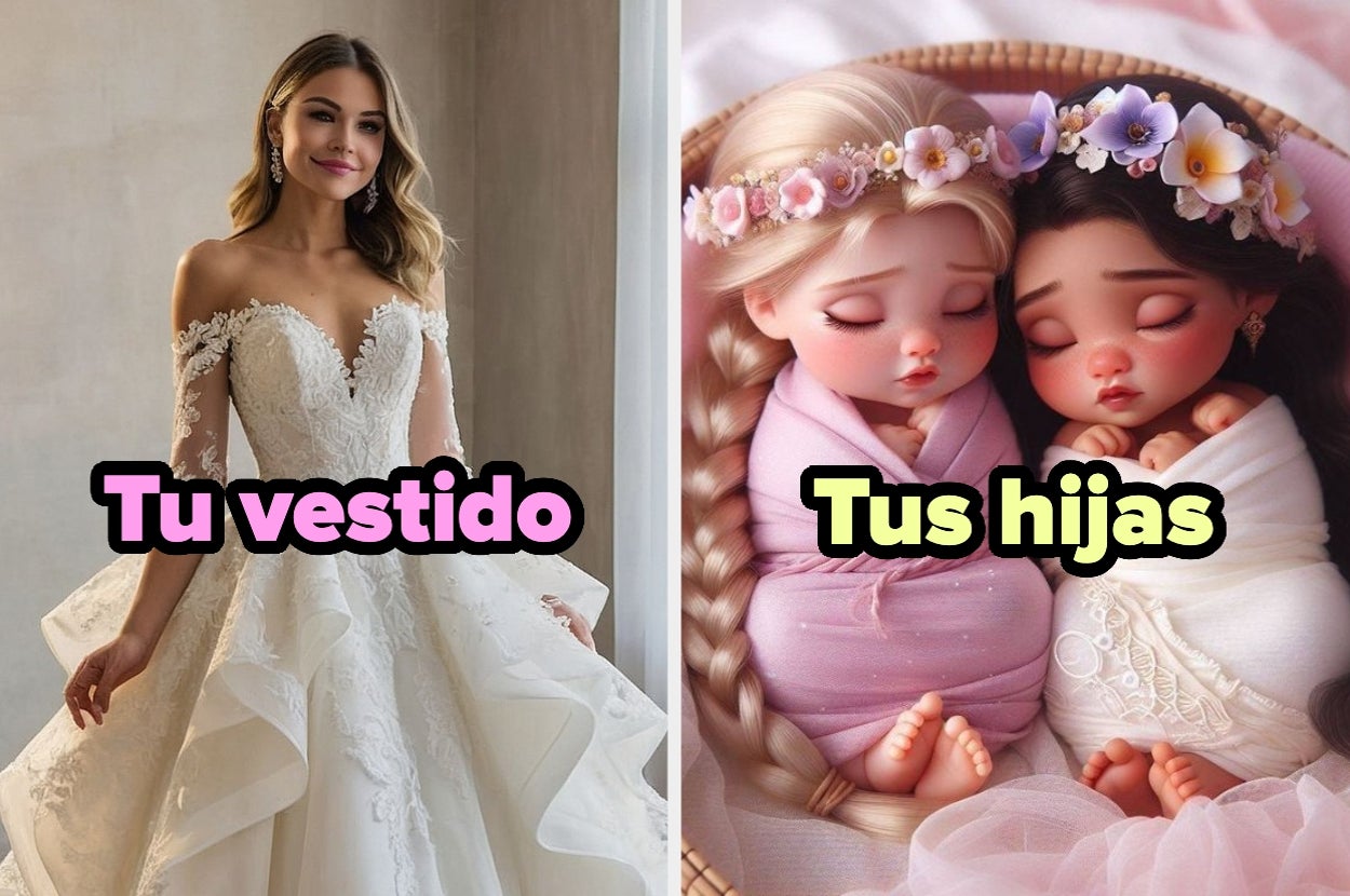 Una novia con vestido de encaje y una ilustración de dos bebés dormidos con coronas de flores. Texto: "Tu vestido" y "Tus hijas"