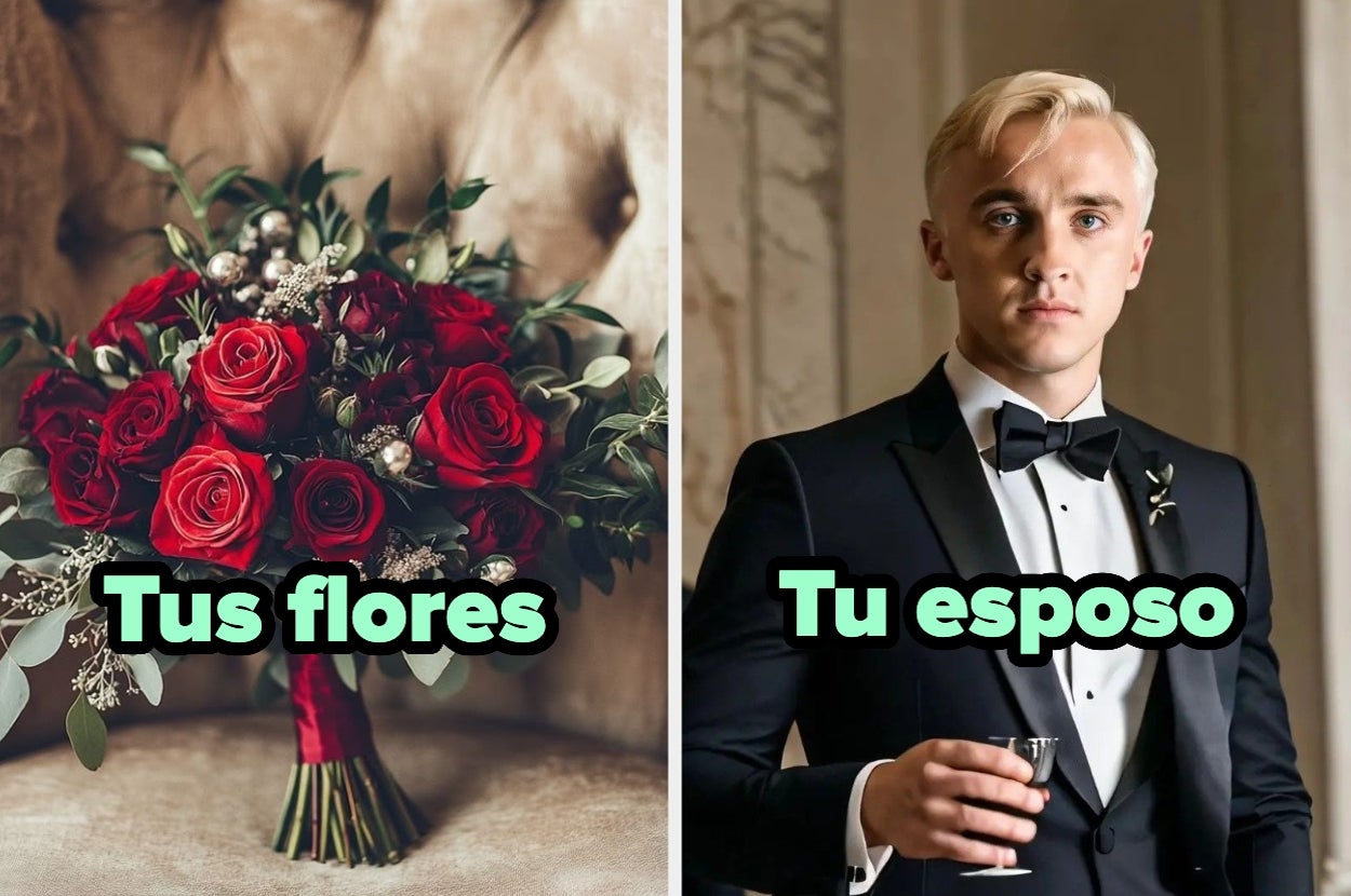 Izquierda: ramo de rosas. Derecha: persona con esmoquin sosteniendo una copa. Texto: "Tus flores", "Tu esposo"