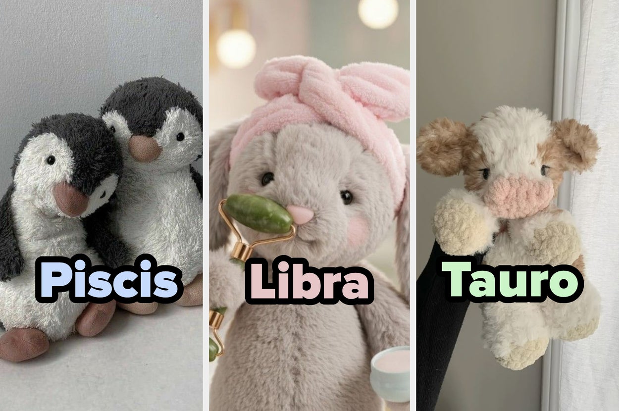 Tres peluches: dos pingüinos con "Piscis," un conejo con rodillo facial y "Libra," y una vaca esponjosa a la derecha