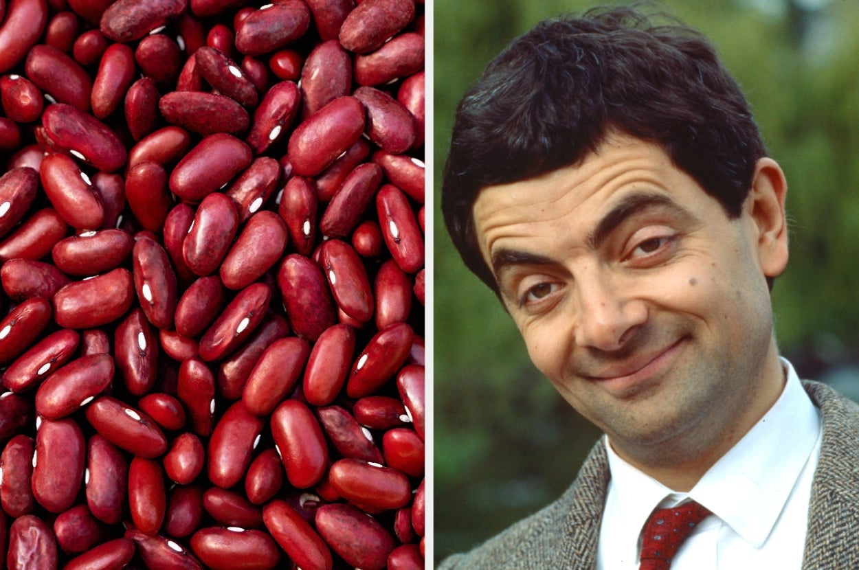 Close-up of red kidney beans next to a photo of Rowan Atkinson as Mr. Bean smiling in a suit