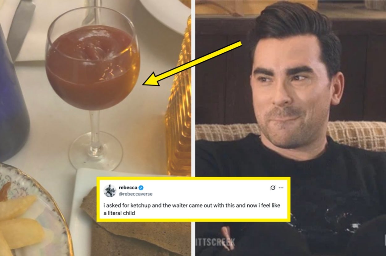 A person on a couch looks amused; a photo of tomato juice in a wine glass is highlighted, with a tweet about asking for ketchup and feeling like a child