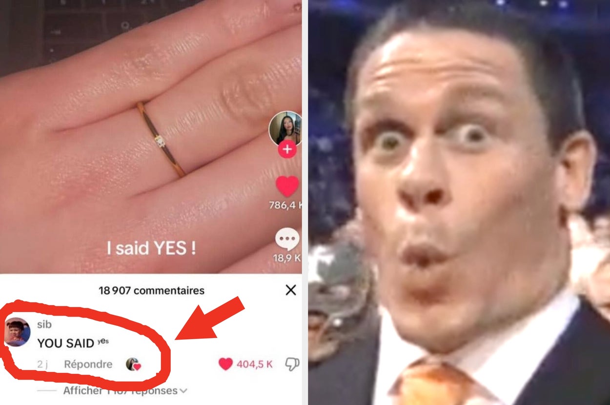 Close-up of a hand wearing a simple ring with a TikTok post saying "I said YES!" Next to it, a surprised meme reaction image