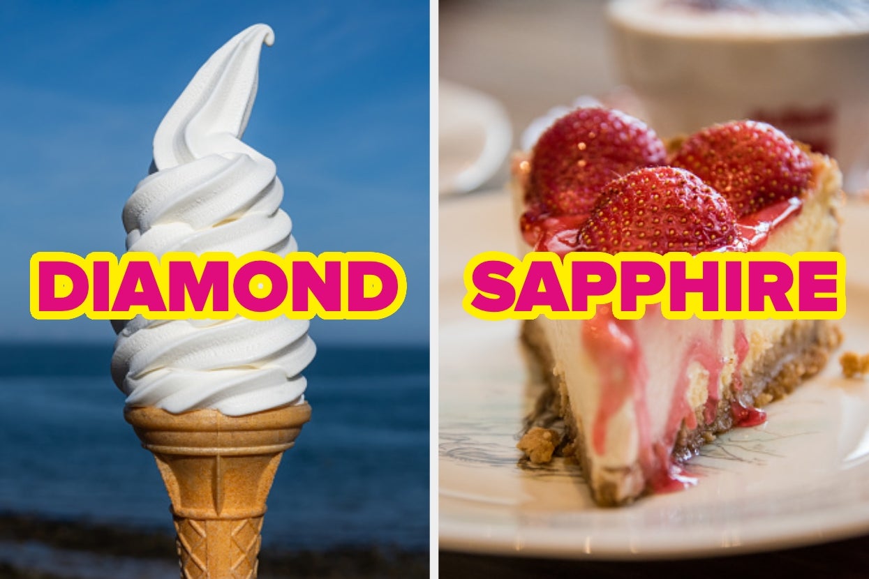 Left: Ice cream cone by the sea. Right: Cheesecake with strawberries. Text reads "DIAMOND" on the left and "SAPPHIRE" on the right
