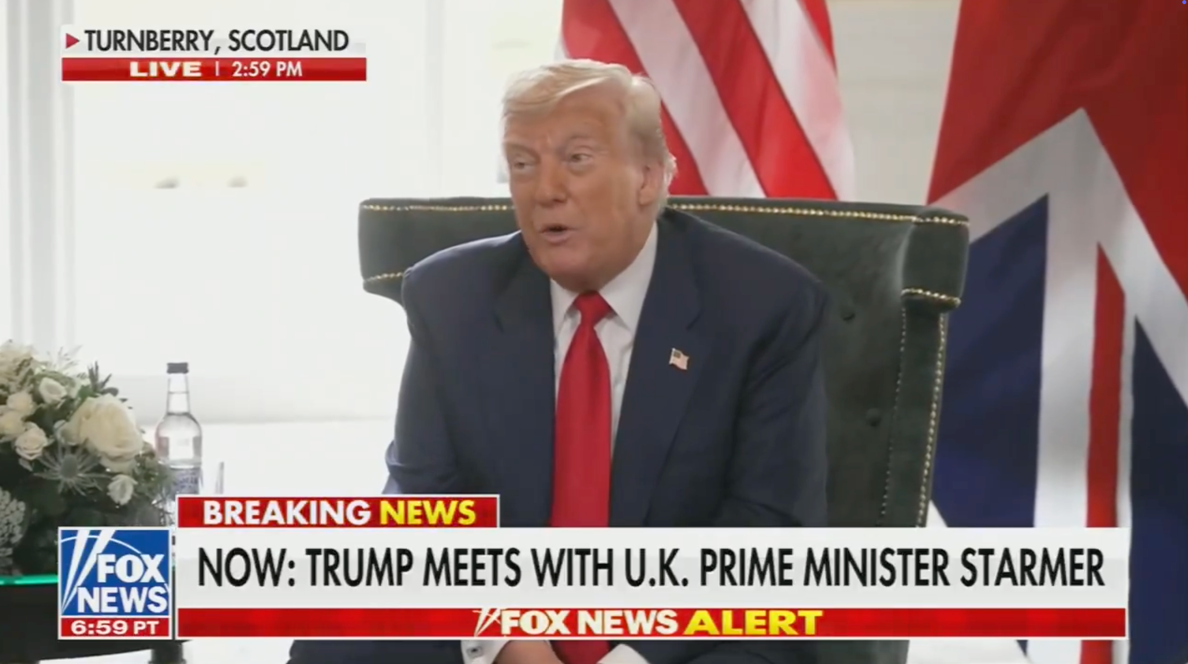 Donald Trump speaks during a meeting with U.K. Prime Minister Starmer. Fox News ticker displays &quot;Breaking News&quot; announcing the meeting