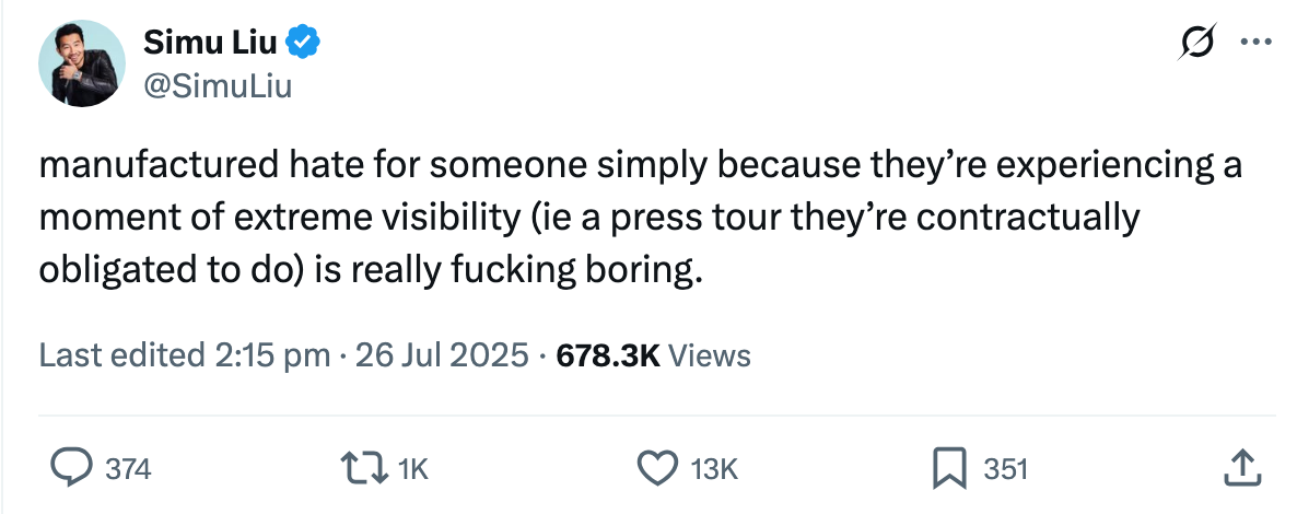 Simu Liu tweet criticizing unjust hate towards individuals experiencing public visibility during press tours