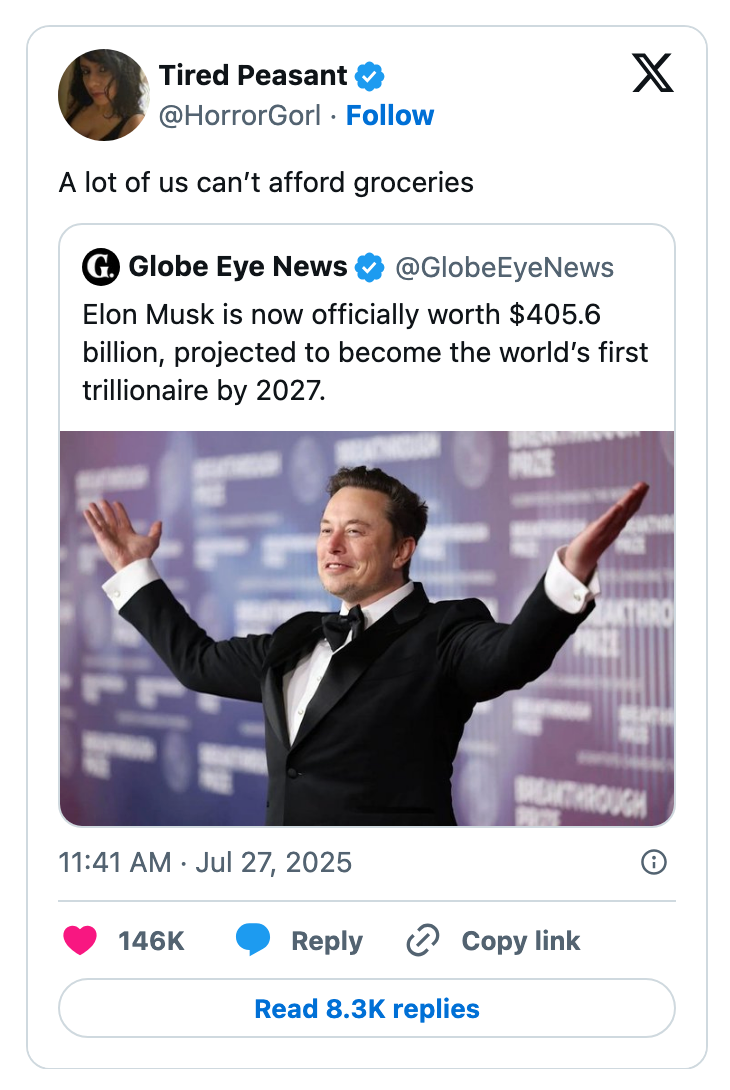 A man in a tuxedo on a stage with arms outstretched, next to a headline about him becoming a trillionaire by 2027