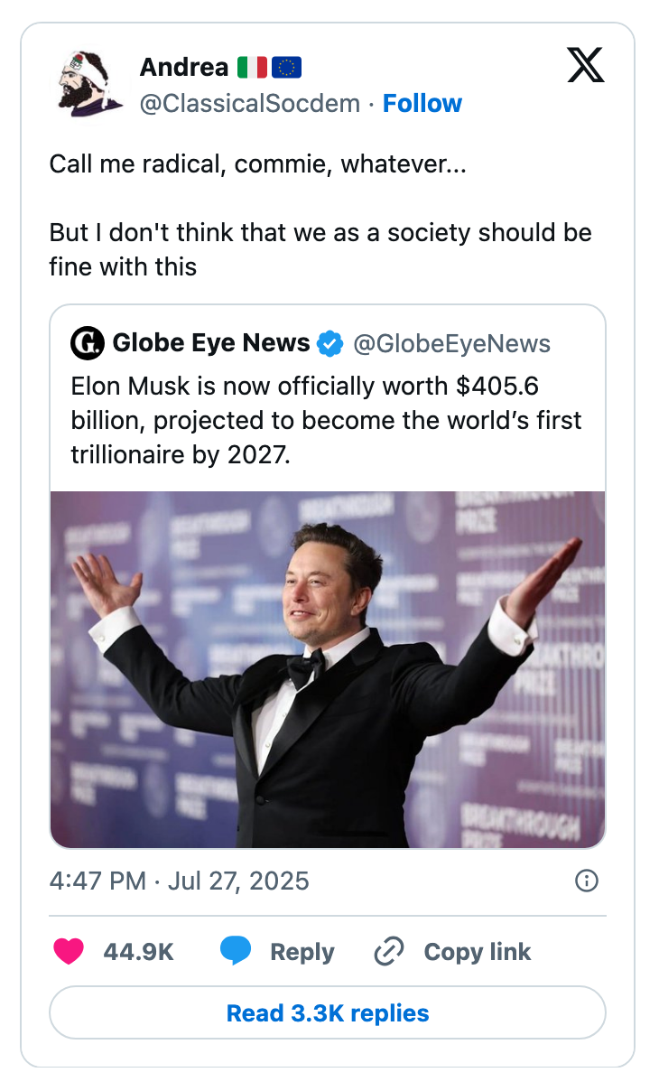 Tweet questioning wealth disparity with news of Elon Musk&#x27;s projected trillionaire status by 2027