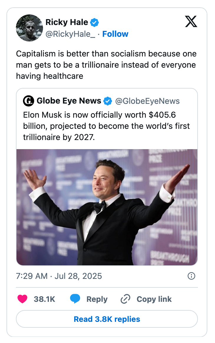Meme screenshot of a tweet by Ricky Hale commenting on another tweet about Elon Musk&#x27;s projected status as the world&#x27;s first trillionaire by 2027