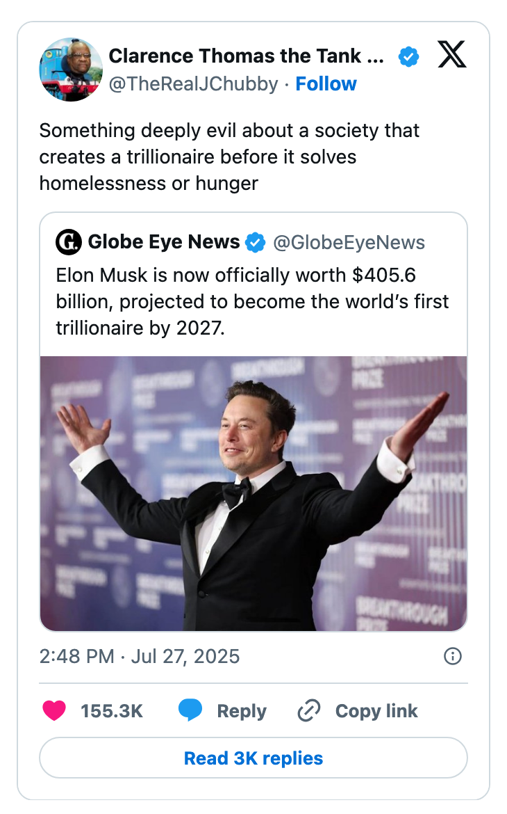 Tweet criticizing wealth inequality shows a news headline about Elon Musk&#x27;s net worth and future projection to become the first trillionaire by 2027