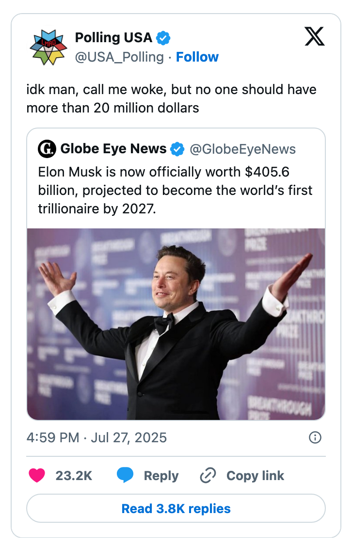 Social media post showing a headline about someone becoming the first trillionaire by 2027, with a person in a suit celebrating