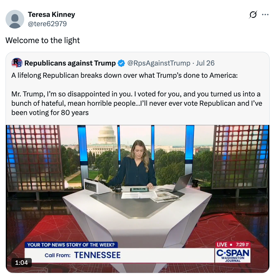 Screenshot of a tweet from &quot;Republicans against Trump&quot; featuring a video of a news anchor reading text critical of Trump, mentioning voting for 80 years
