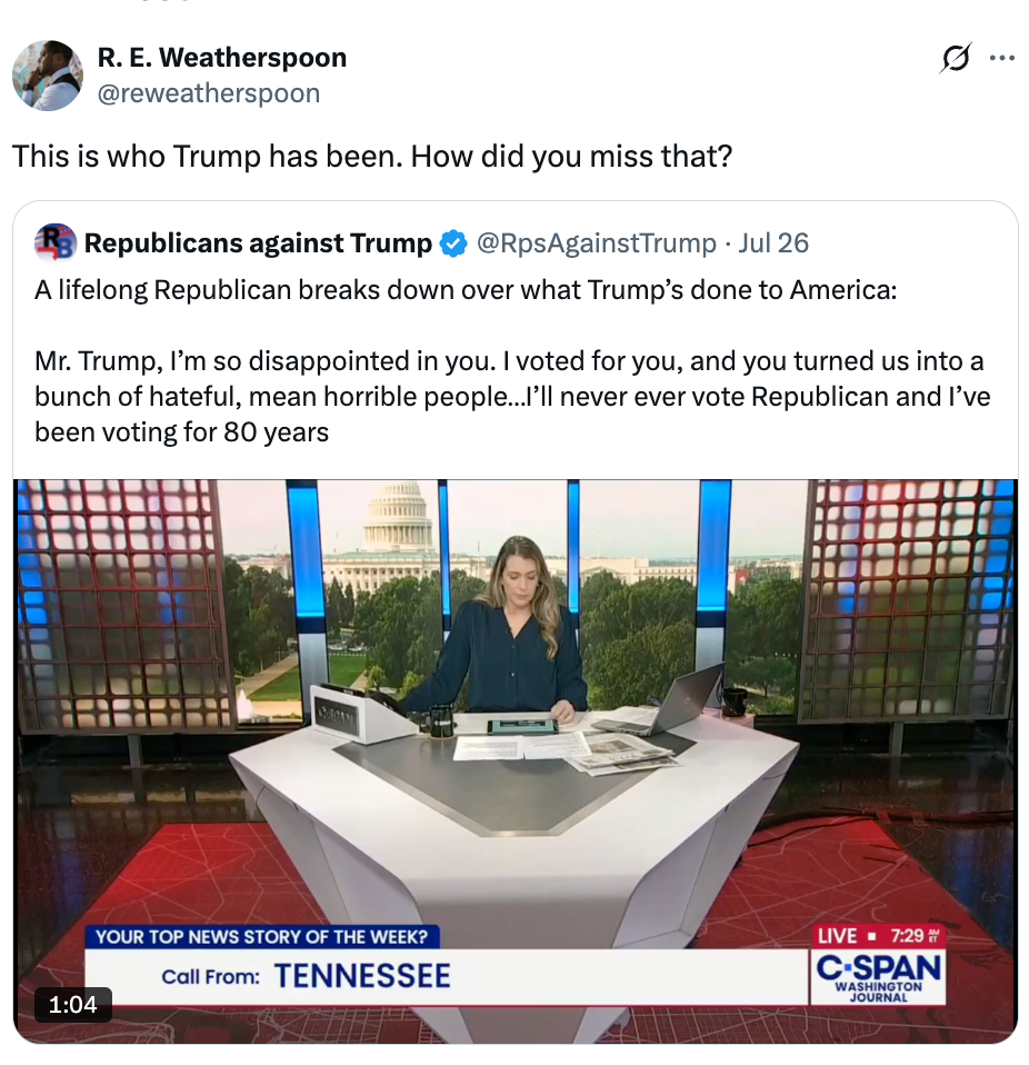 Tweet with a news clip screenshot captioned, &quot;A lifelong Republican breaks down over what Trump’s done to America,&quot; featuring a news anchor at a desk
