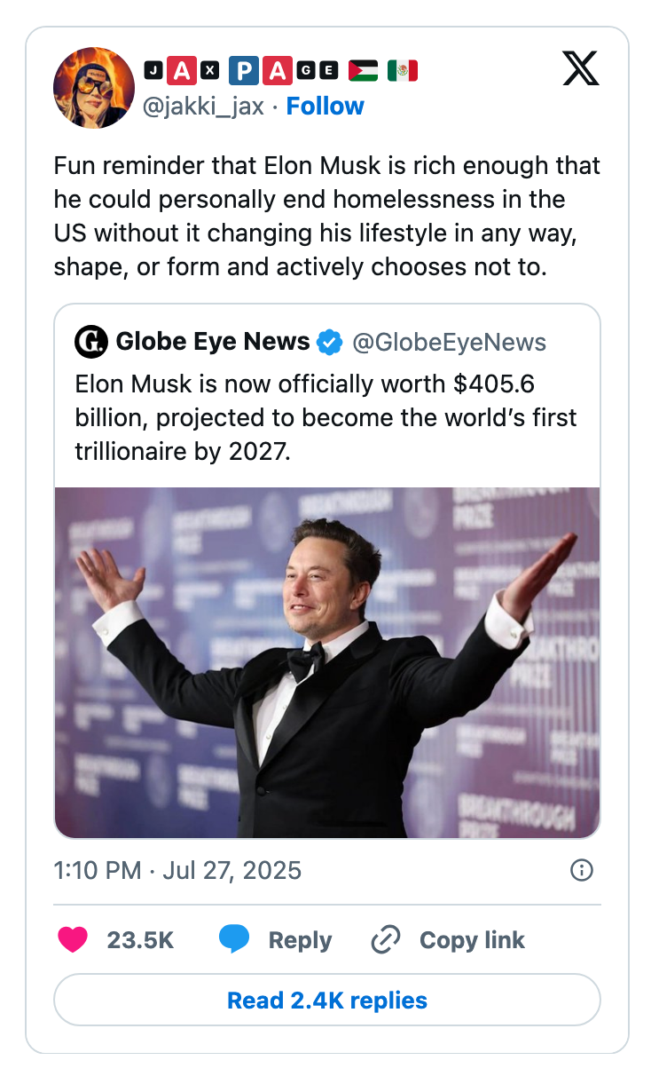 Social media post highlights Elon Musk&#x27;s wealth and potential influence on homelessness, featuring a tweet about his projected trillionaire status by 2027