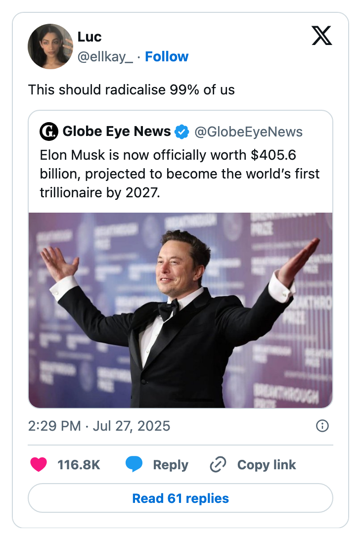 Social media post showing a tweet reporting Elon Musk&#x27;s net worth and future billionaire status, with over 116,000 likes and user reactions
