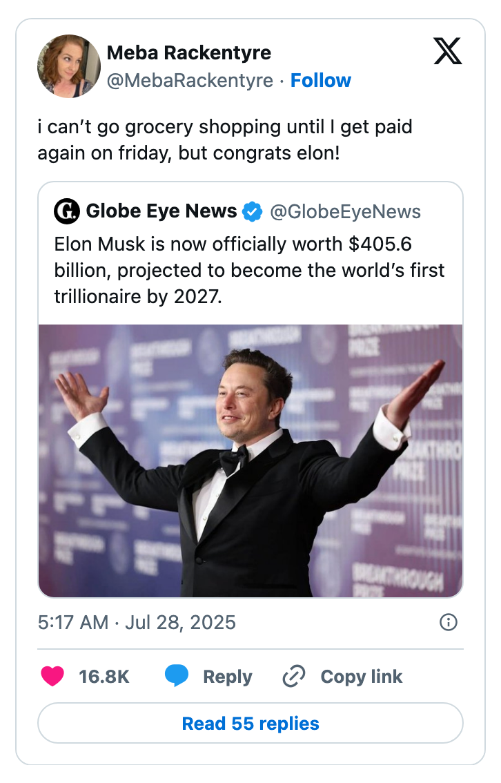 Tweet screenshot. Meba jokes about waiting for payday to shop. Attached article says Elon Musk is worth $405.6 billion, projected to be first trillionaire by 2027