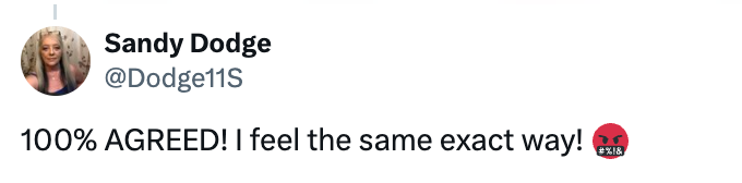 Tweet by Sandy Dodge (@Dodge11S) saying, &quot;100% AGREED! I feel the same exact way!&quot; with an angry face emoji