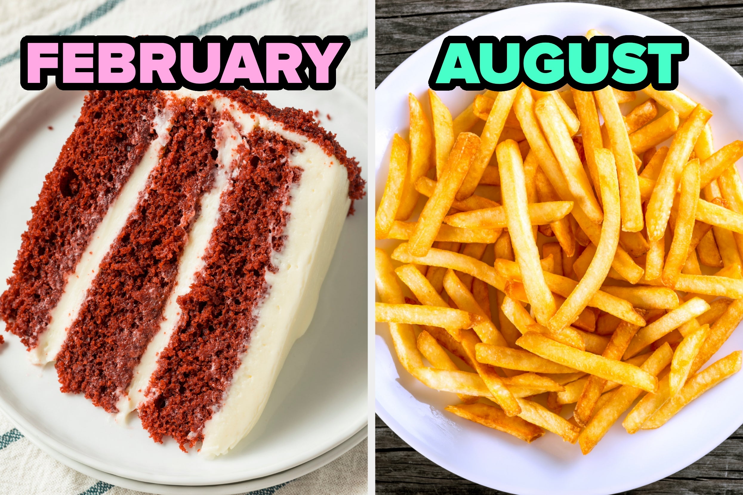 On the left, a slice of red velvet cake labeled February, and on the right, a plate of fries labeled August