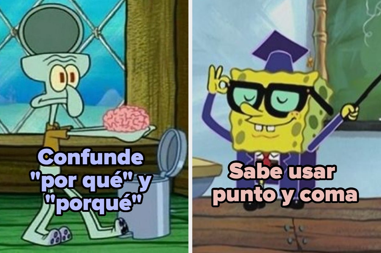 Squidward discards a brain labeled "Confunde 'por qué' y 'porque'". SpongeBob proudly in glasses: "Sabe usar punto y coma"