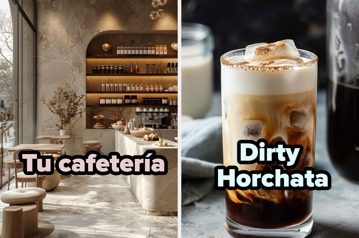 Left: Elegant café interior. Right: Close-up of a Dirty Horchata drink with ice