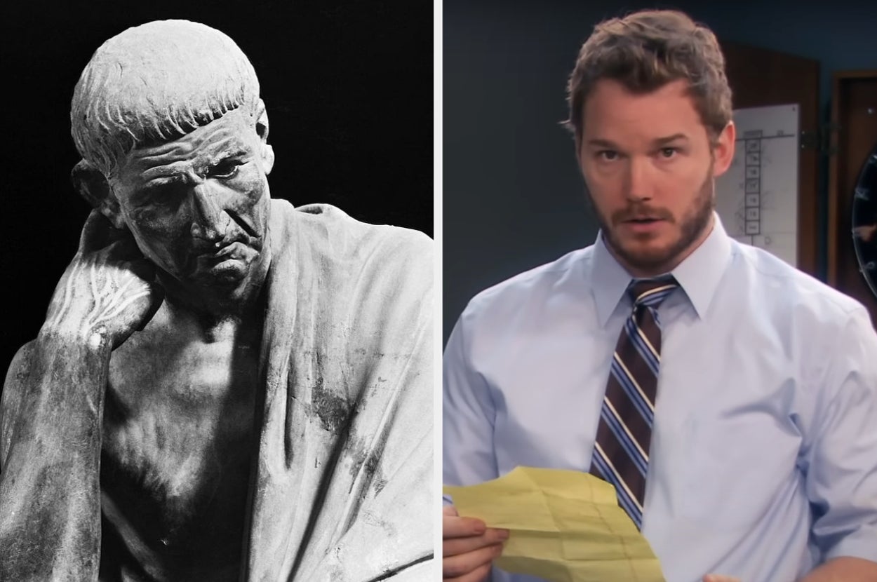 Left: Ancient male statue with draped clothing. Right: Man in office attire holding paper, appearing surprised