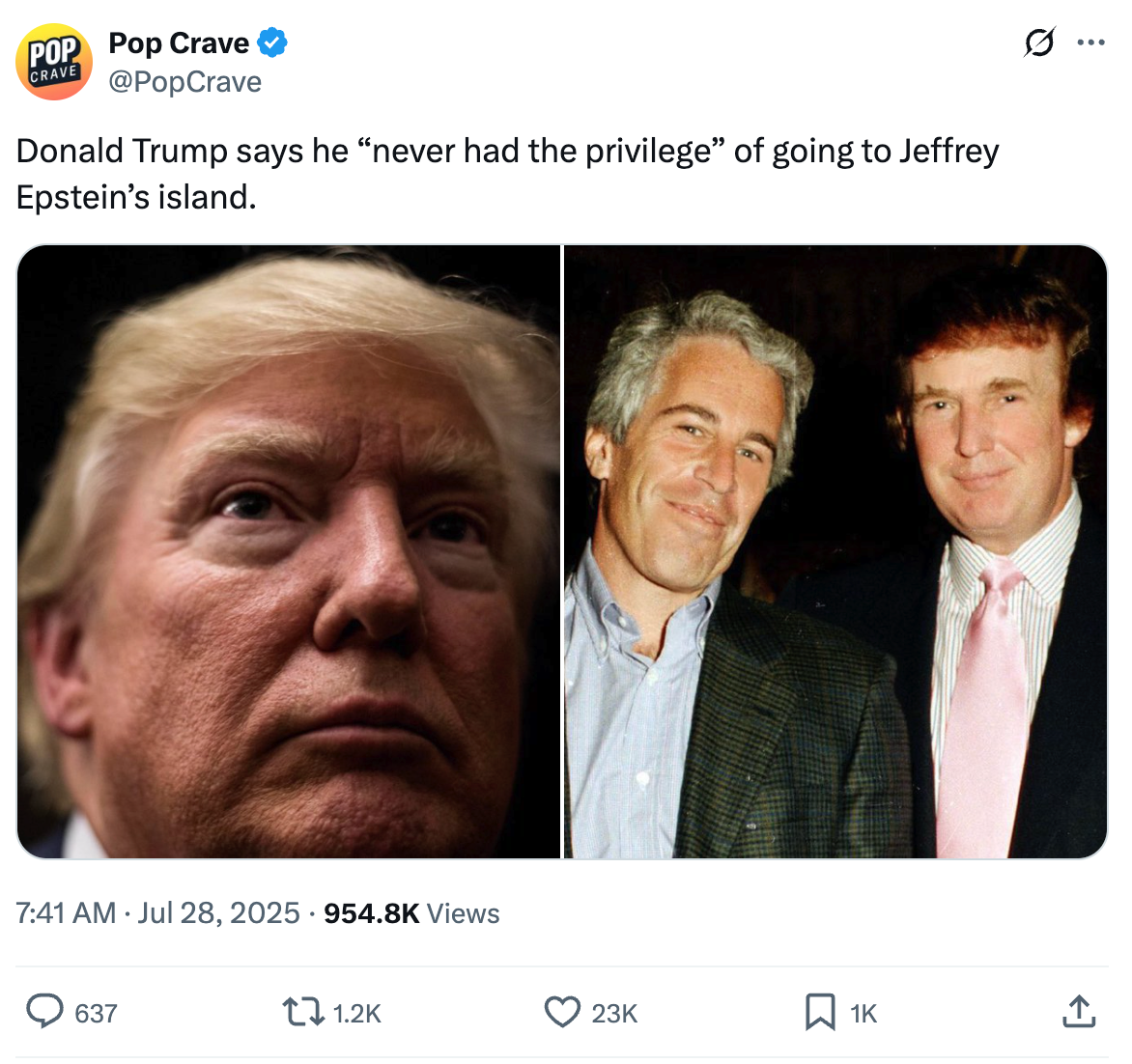 Split image of Donald Trump close-up and a past photo of Jeffrey Epstein with Donald Trump. Tweet text mentions Trump denying visiting Epstein&#x27;s island