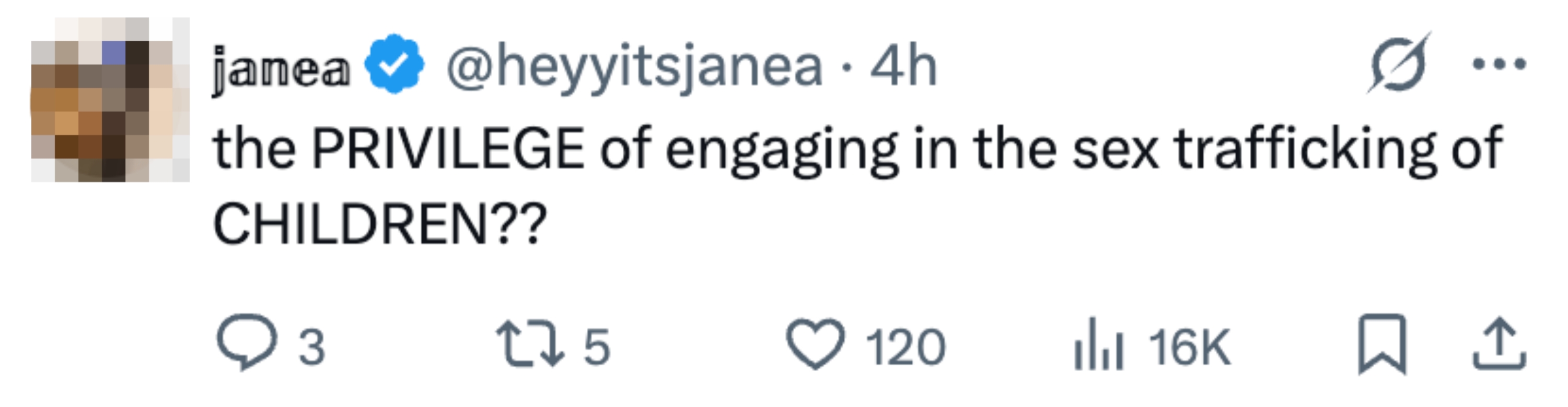 Tweet questioning privileges related to child sex trafficking, showing engagement metrics