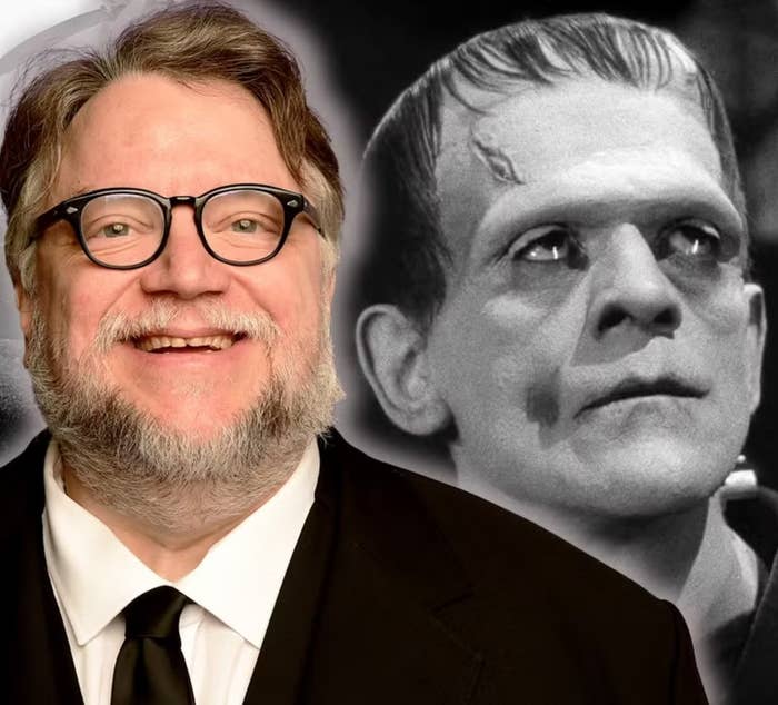 Persona con traje sonríe, flanqueado por dos imágenes de Frankenstein. Fondo borroso