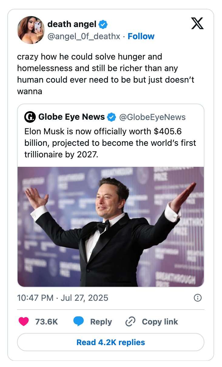 Screenshot of a tweet criticizing Elon Musk for not solving hunger despite his wealth