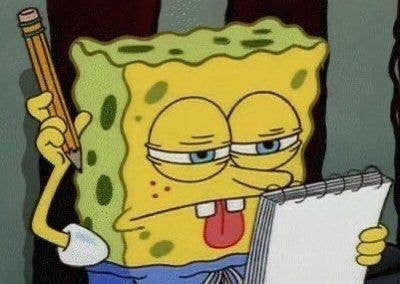 SpongeBob pensativo con lápiz y bloc, parece estar escribiendo y concentrado en una tarea