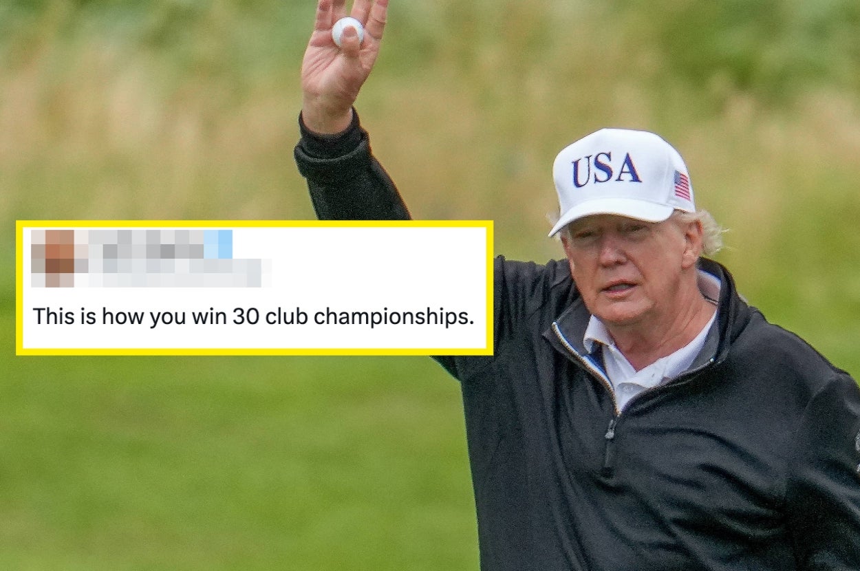 Donald Trump in a golf outfit with "USA" hat raises a ball on a golf course, next to a tweet: "This is how you win 30 club championships."