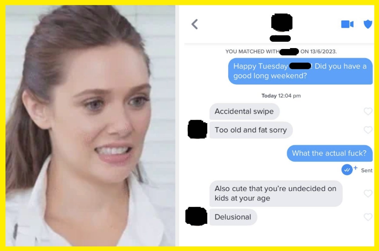 Woman reacting with awkward expression next to a dating app chat screenshot showing an uncomfortable conversation