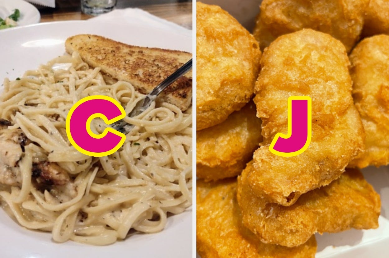 Left: Plate of creamy pasta topped with grilled bread. Right: Pile of breaded chicken nuggets