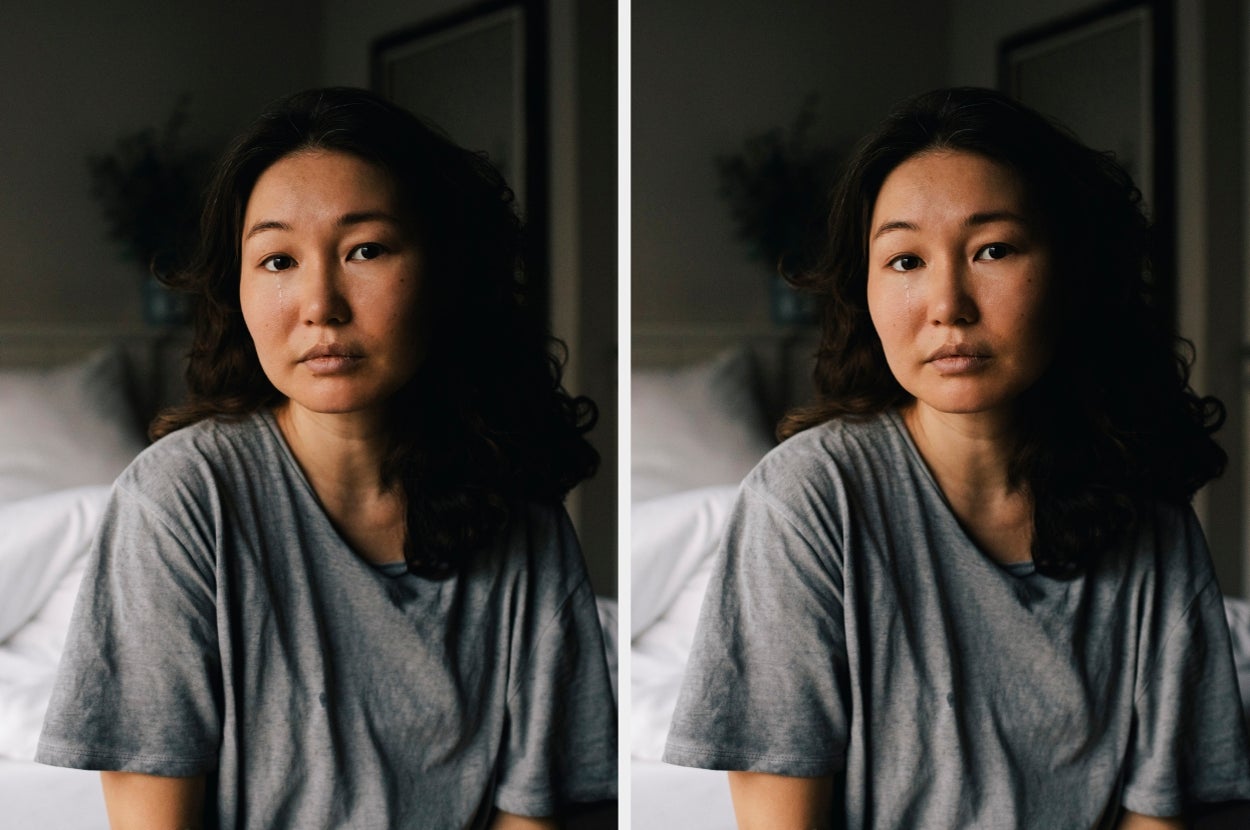 Person with long hair looking contemplative while sitting indoors on a bed, wearing a casual shirt, positioned slightly differently in two images