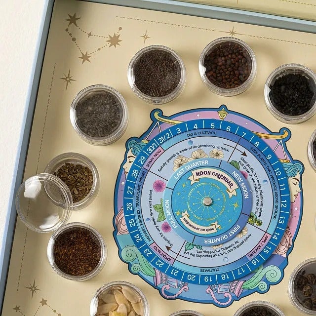 Open container  showing seeds astir   a satellite  calendar, suggesting planting times