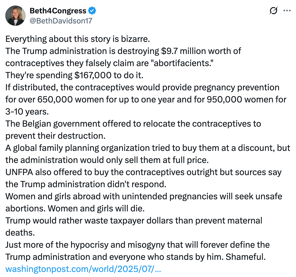 Summary of the tweet: The Trump administration plans to destroy $9.7 million worth of contraceptives, rejecting offers for relocation, risking women&#x27;s health