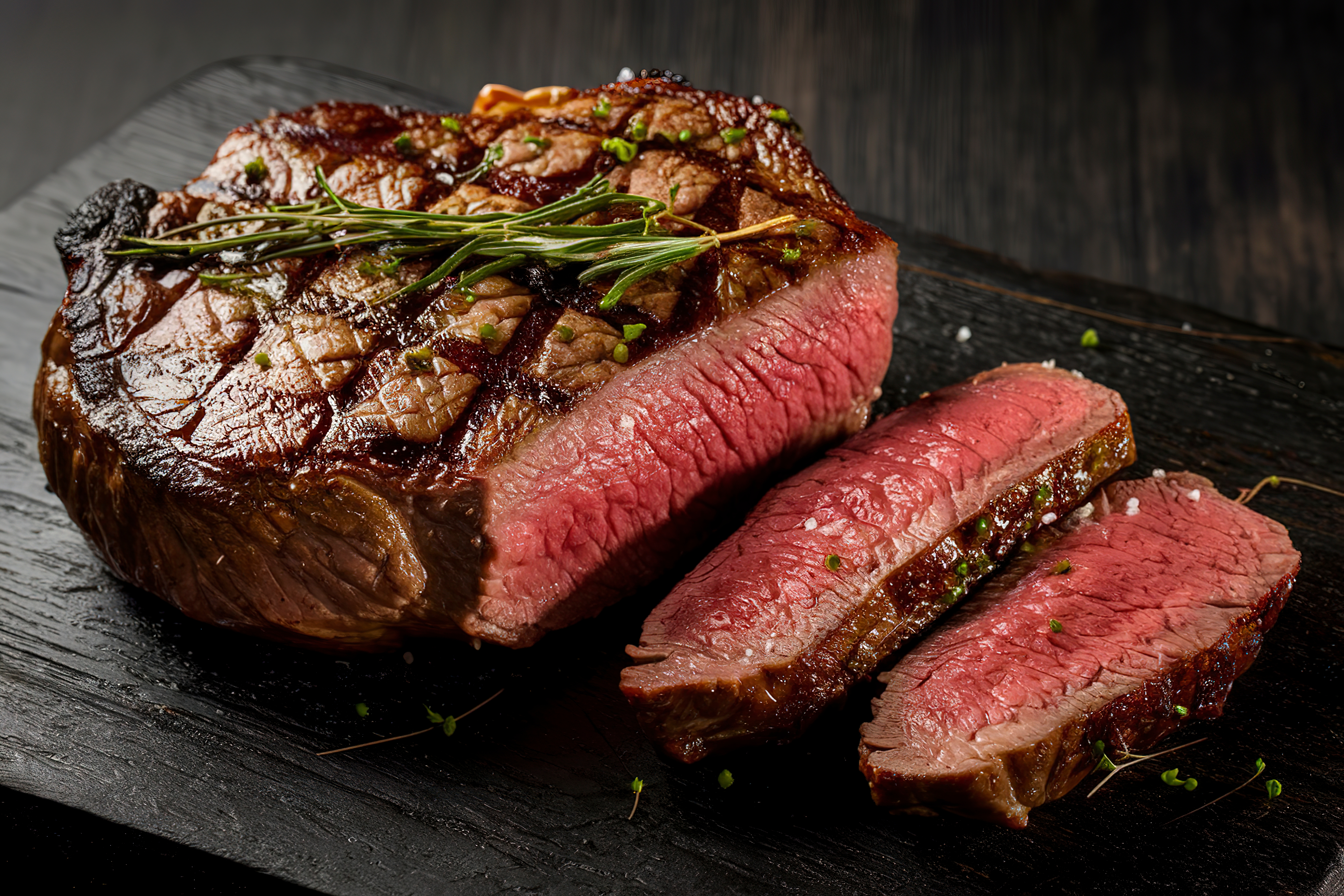 Grilled steak on a wooden board, garnished with herbs, with two juicy slices cut to show the interior