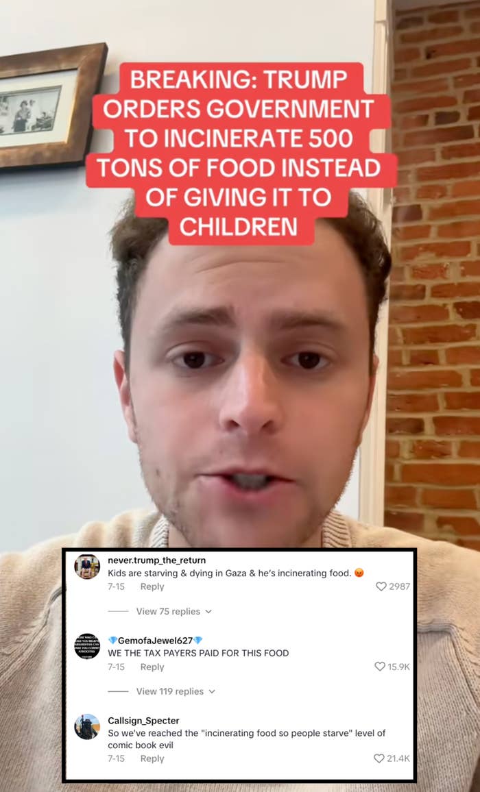 Person speaking in a video. Text above reads, &quot;Breaking: Trump orders government to incinerate 500 tons of food instead of giving it to children.&quot;
