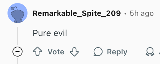 A comment on a social media post reads, &quot;Pure evil,&quot; with options to vote or reply