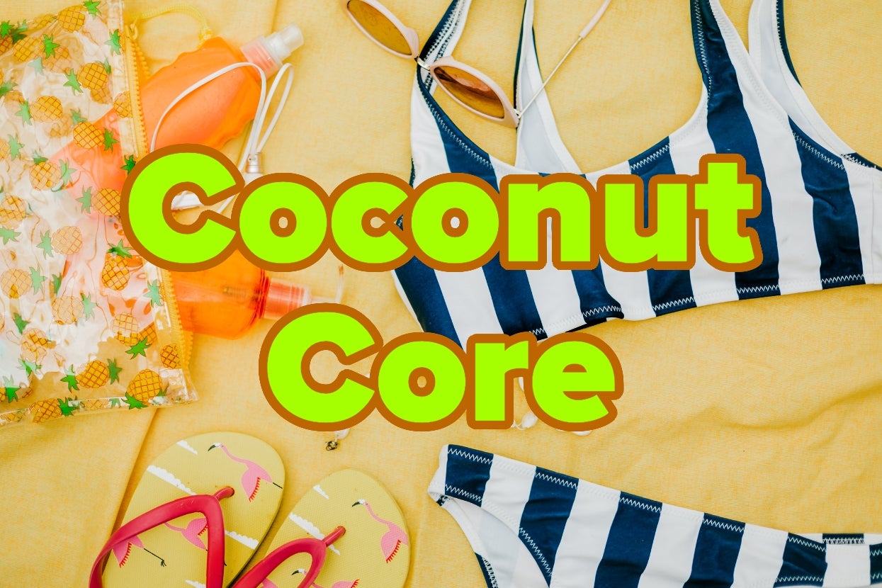 Beach essentials laid out, including striped swimwear, sunglasses, flip-flops, and a drink. Text reads: "Coconut Core"