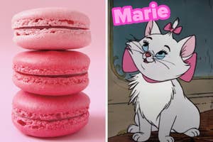 On the left, a stack of macarons, and on the right, Marie from The Aristocats